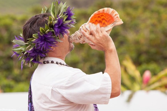 maui wedding officiant blowing conch shell